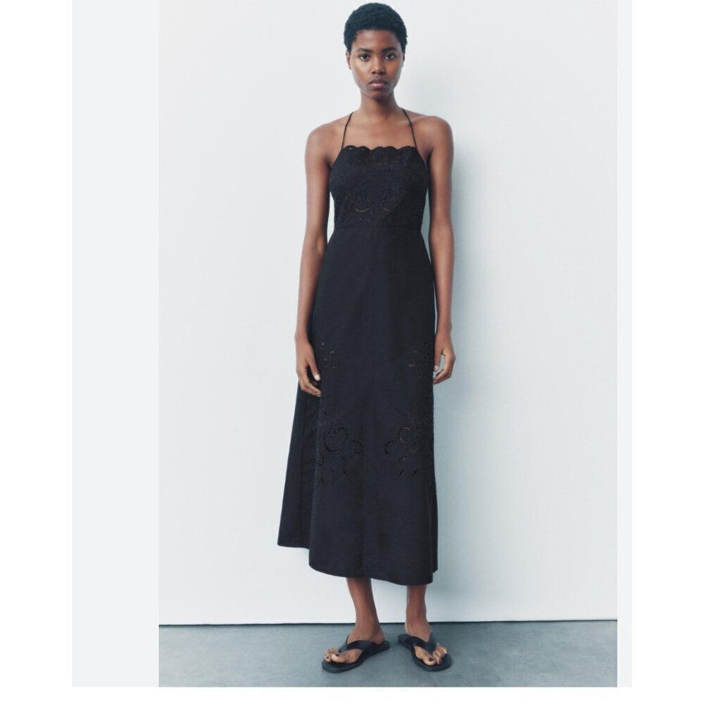 Zara Womens Dress XL Black Embroidered Eyelet Midi Backless A-Line 5107/246 NWT